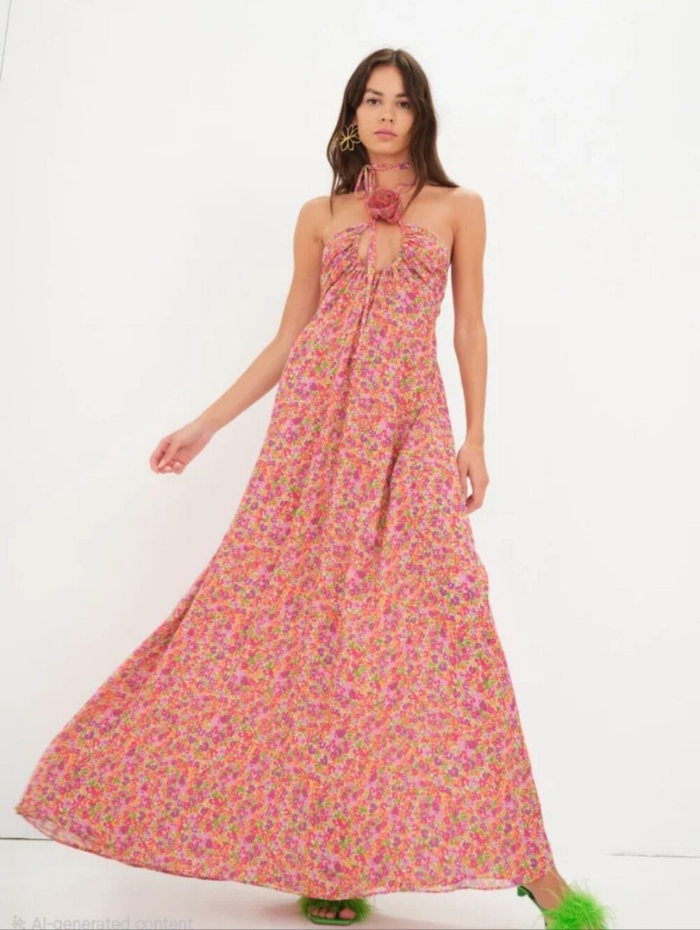 For Love & Lemons Pink Floral Halter Maxi Dress